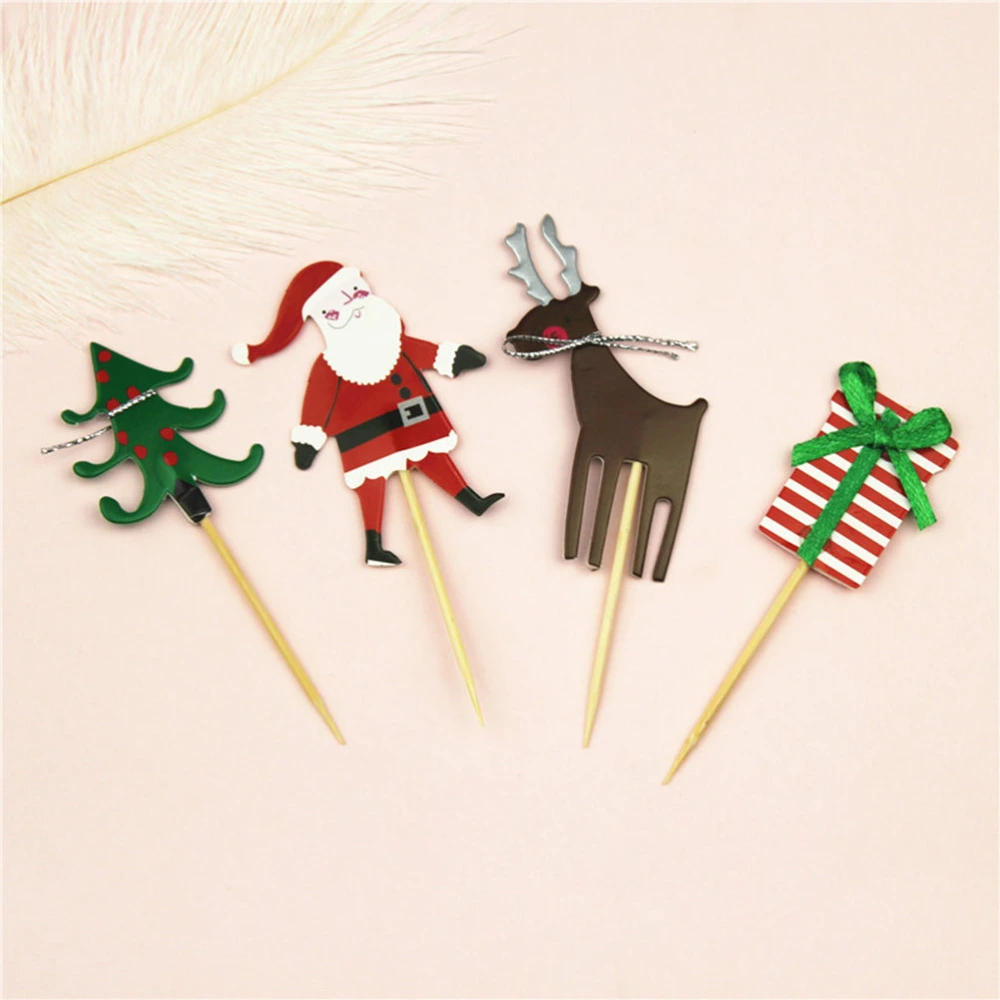 24Pcs Christmas Cake Toppers Kit Paper Cake Decor Cartoon Pattern Cake Pick Dessert Cake Decoration Baking Ornament