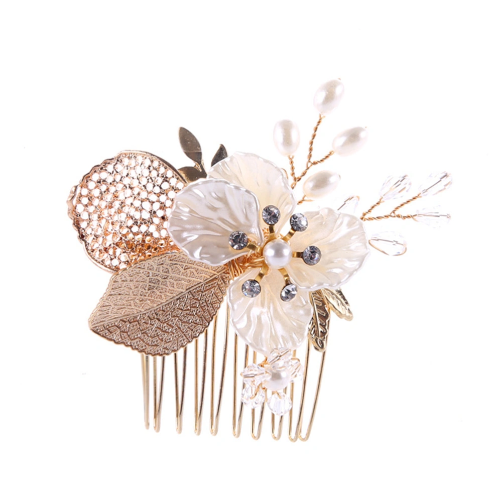 1PC Elegant Hair Comb Metal Leaf Flower Rhinestone Beads Pearl Inlaid Insert Comb Hair Accessory