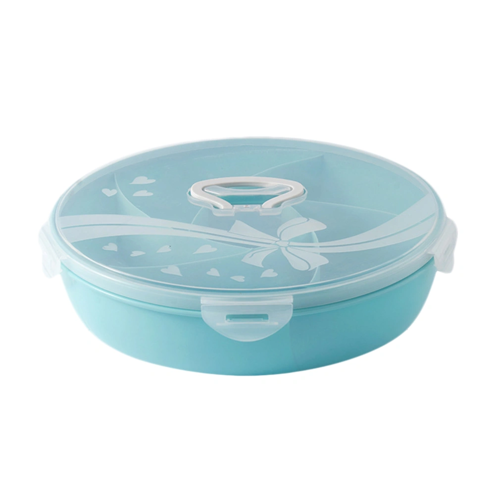 Plastic Fruit Divided Plate Round Dried Fruit Food Snack Tray Plastic Nuts Candy Storage Box with Cover (Blue)