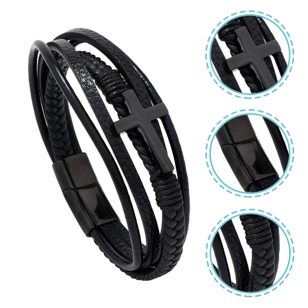 Men Bracelet Multi-layers Cross Wristband Leather Bracelet Braided Wrist Decoration