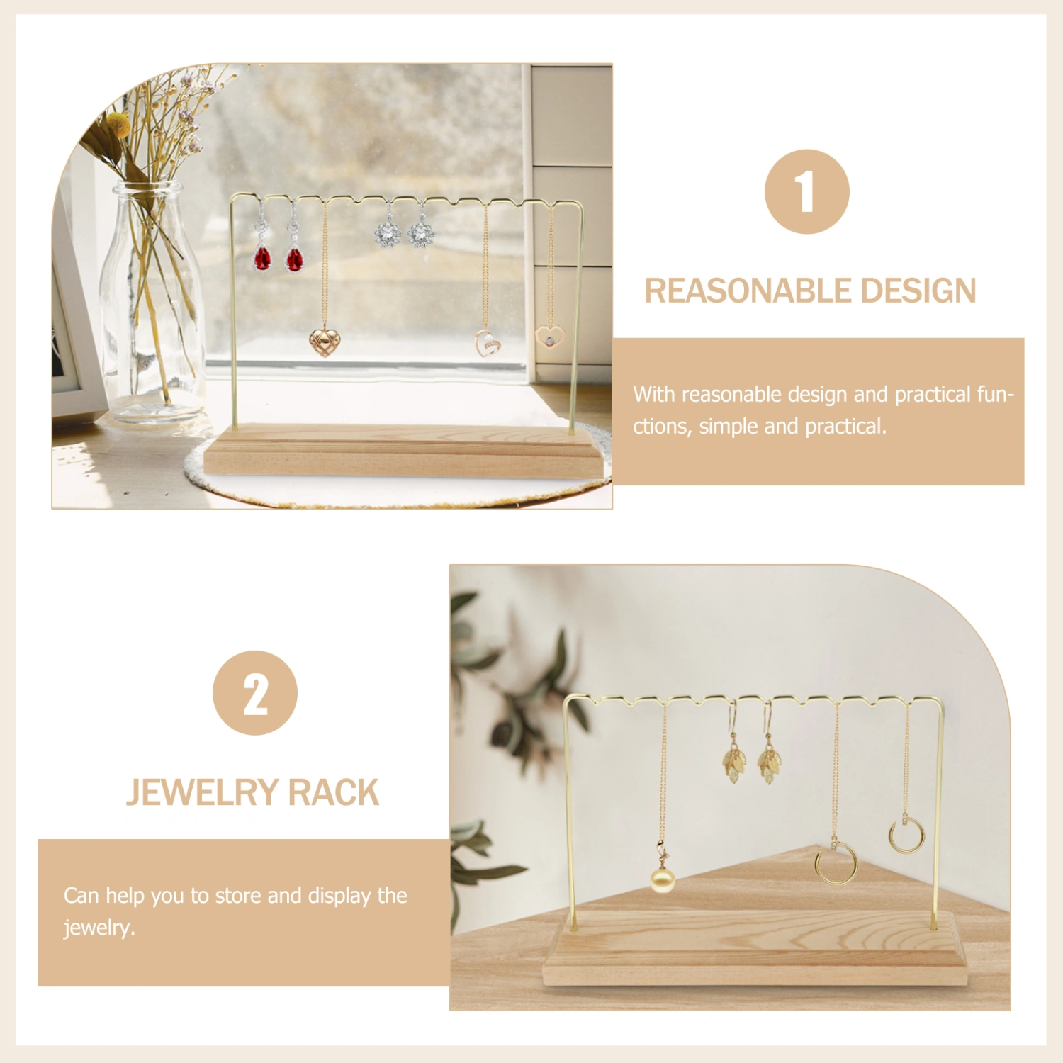 Minimalist Iron Bar Jewelry Earrings Display Rack Wood Base Jewelry Storage Rack