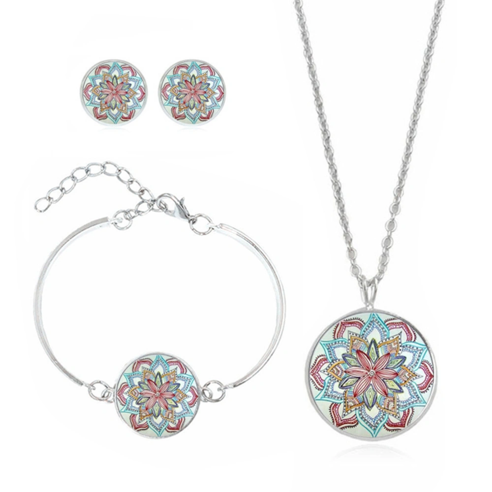 3pcs Bohemian Mandala Pendant Statement Chain Necklace Stud Earrings Bracelet Bangle Jewelry Set