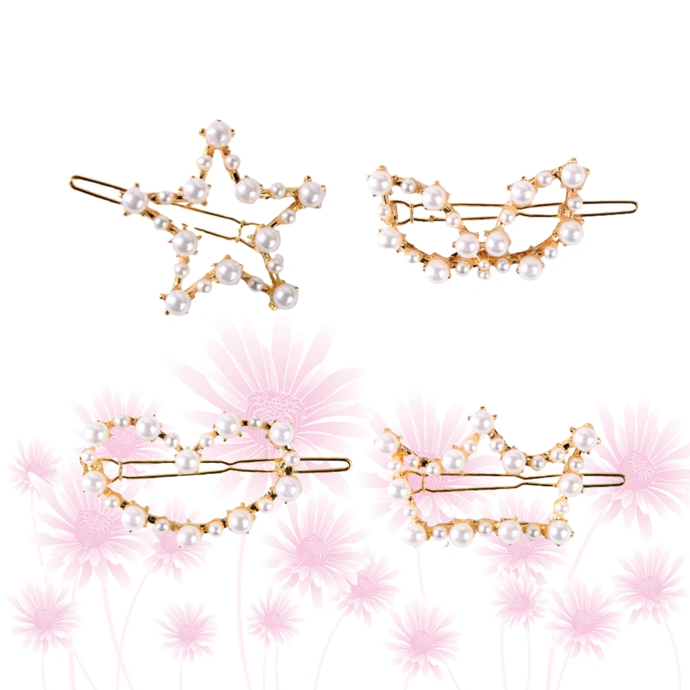 4Pcs Hollow-Out Hair Clips Heart Shaped Hair Pearl Geometric Barrette Girls Headdress (Five-Pointed Star, Crown, Heart Shape, Rabbit Ear)