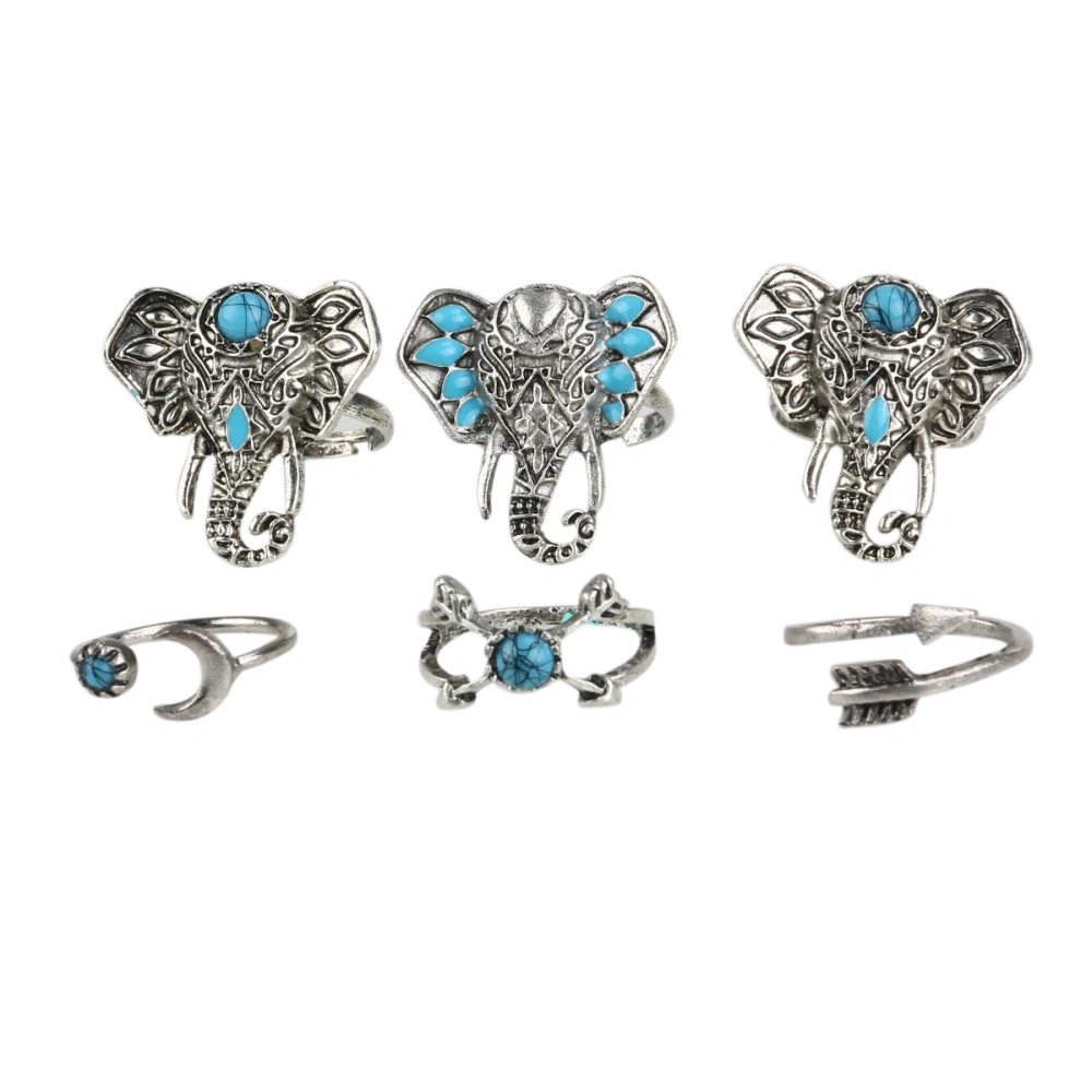 6pcs Gothic Bohemian Turquoise Moon Star Elephant Bohemia Open Midi Knuckle Women Rings New (Silver)