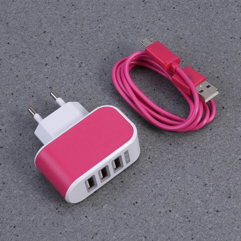 3 USB Ports Universal Power Charger LED Wall Charger Adapter with EU Plug (Rose Red)