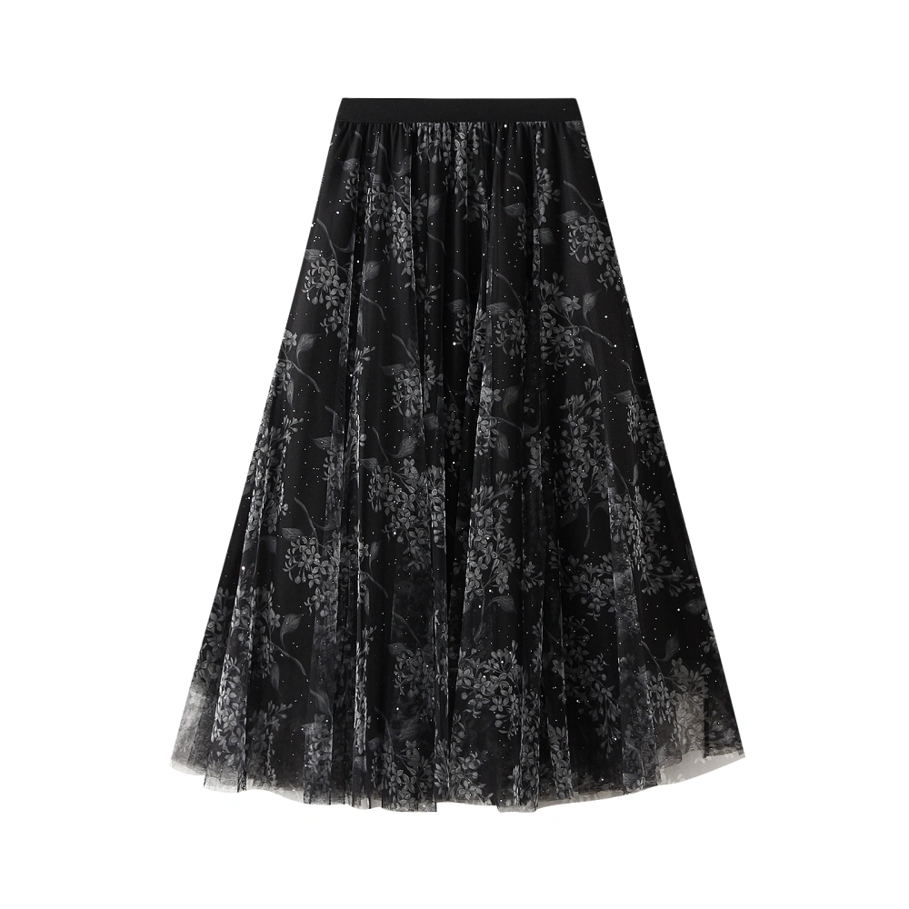 Women's Midi Skirts Floral Print Layered Tulle Elastic Waist Skirts