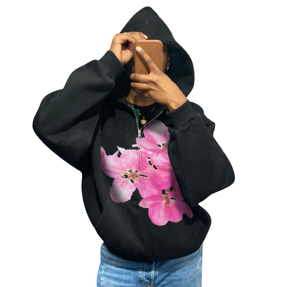 Women Zip Up Hooded Coat Long Sleeve Flower Print Hoodie with Pockets