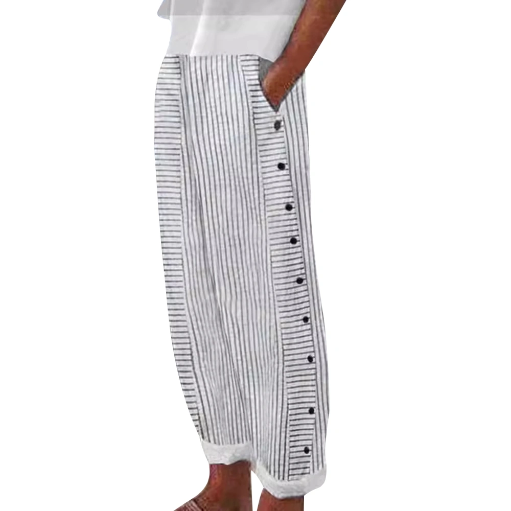 Women Stripe Pants Elastic Waist Side Buttons Straight Trousers