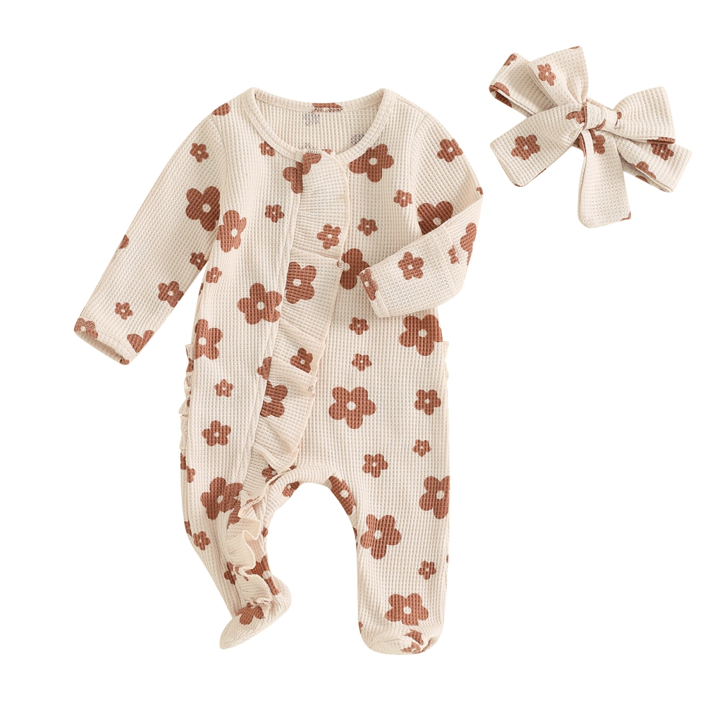 Baby Girls Outfit, Long Sleeve Frills Floral Footies Jumpsuit Headband