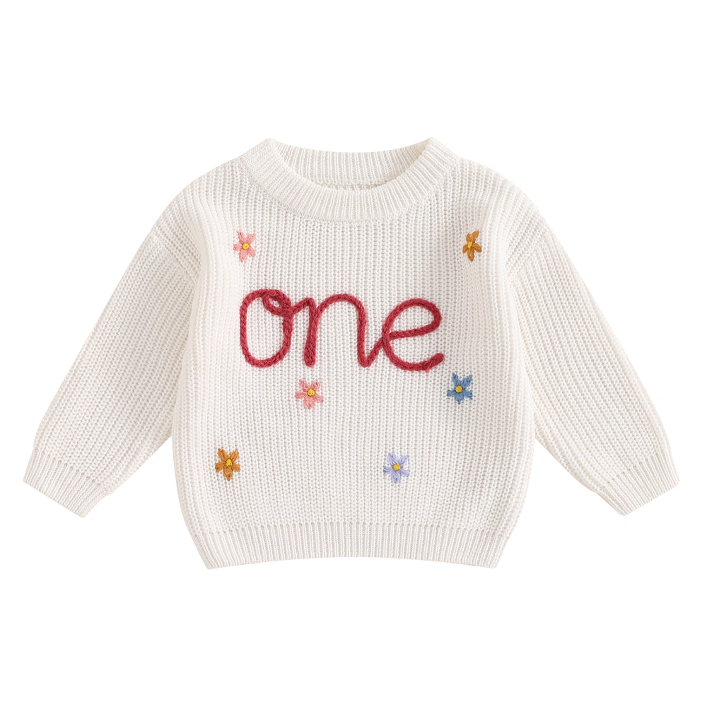 Baby Girl Birthday Sweater, Long Sleeve Flower Letters Knit Pullover