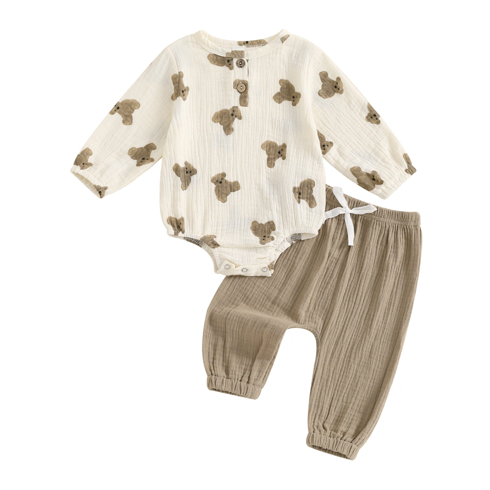 Baby Boy Fall Outfit Cute Bear Print Long Sleeve Rompers and Pants