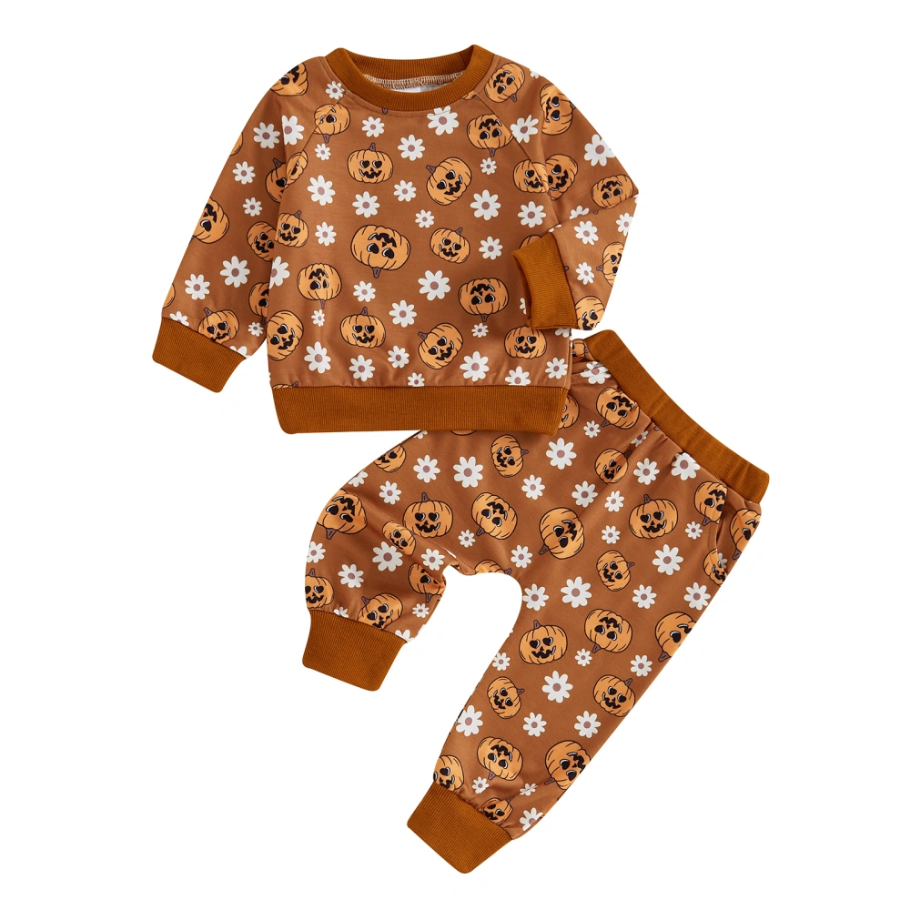 Baby Girl Halloween Outfits Pumpkin Floral Print Tops + Pants Set