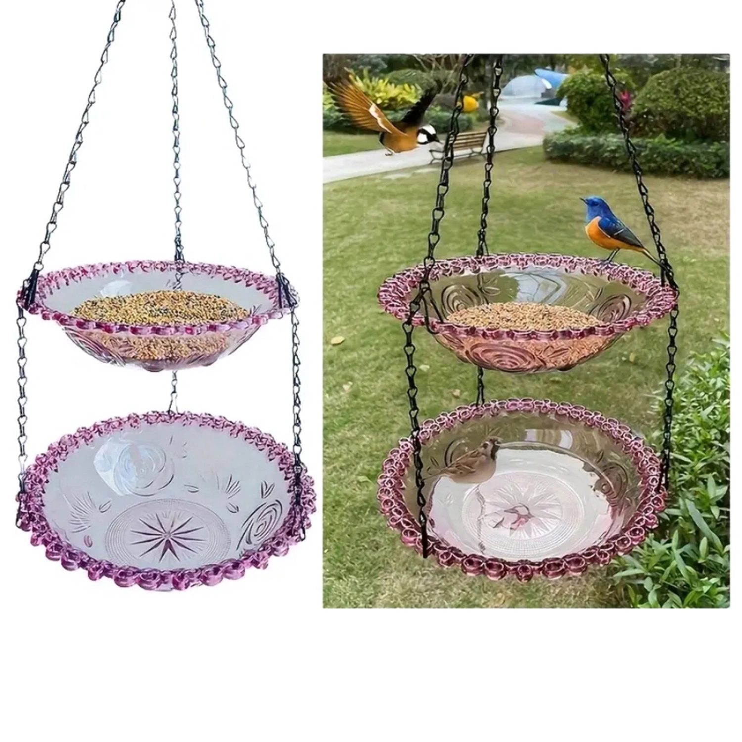 Hanging Bird Feeder, 2 Tier Hanging Birdbath for Hummingbirds
