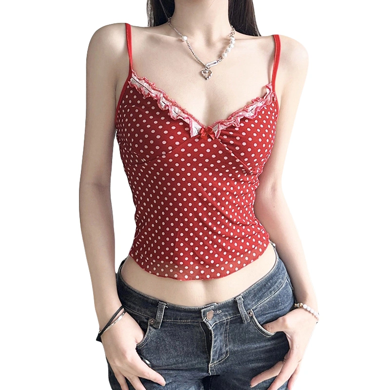 Women Dot Print Camisole Bow Lacy Sweetheart Neck Crop Tank Tops