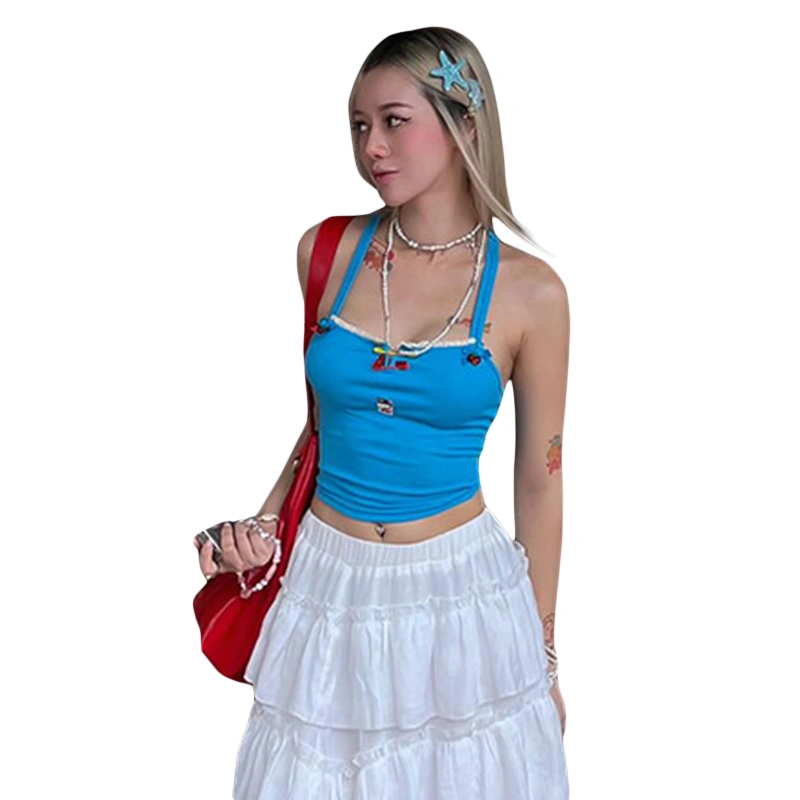 Women Crop Summer Camisole Casual Cherry Beaded Tie up Back Tank Tops