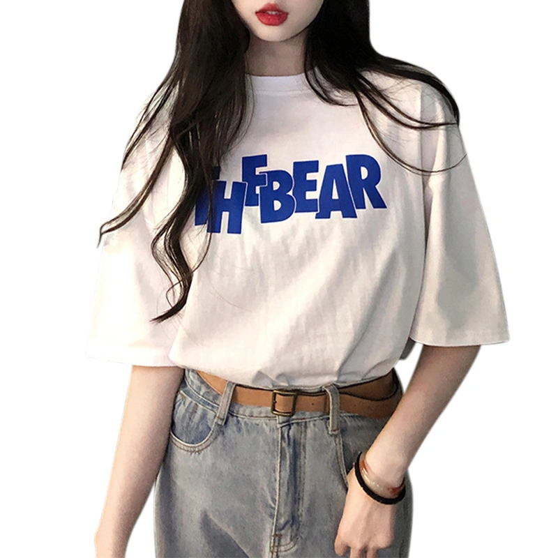 Women Oversized Tops Short Sleeve Crewneck Letter Cartoon Print Tshirt