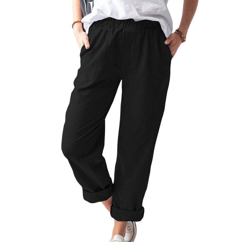 Women Loose Pants Solid Color Straight-Leg High Waist Trousers