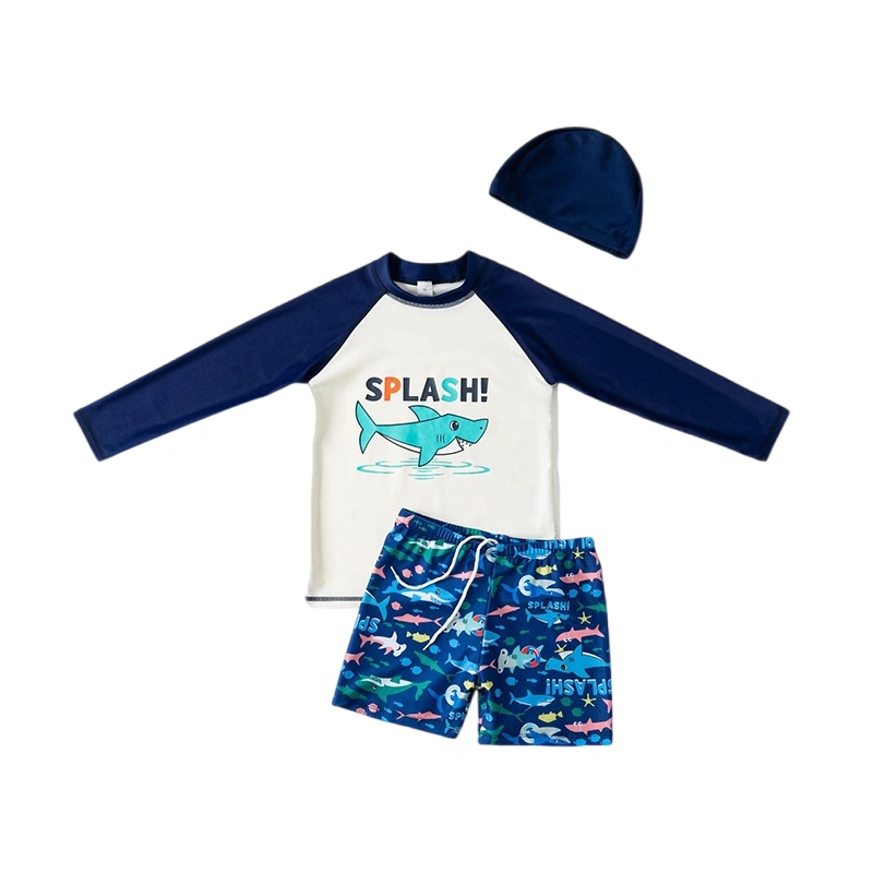 Boy Rash Guard Swimsuit Set, Shark Print Swimsuit Swim Shirt Swim Shorts