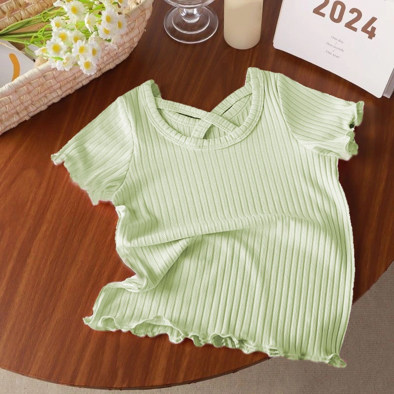 Kids Girl Short Sleeve Tops Round Neck Lettuce Trim Cute T-Shirt