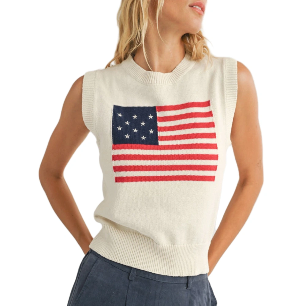 Women Knit Tank Top, Sleeveless Crew Neck Flag Summer Casual Vest