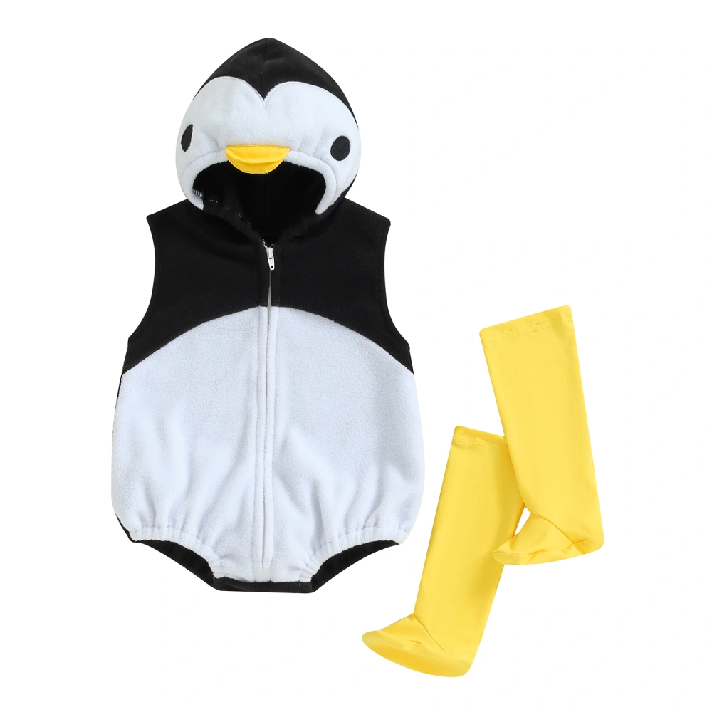 Baby Girl Boy Penguin Costume Fleece Sleeveless Hooded Romper Socks