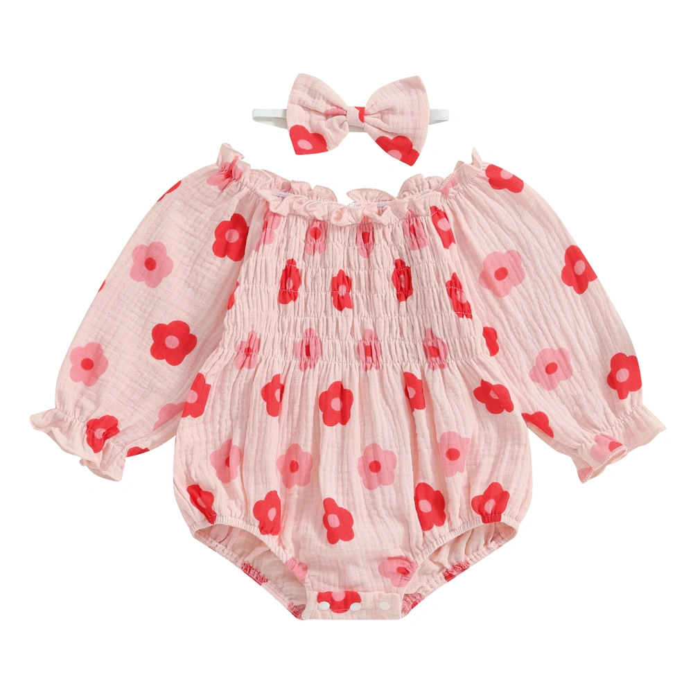 Baby Girl Set Floral Print Smocked Ruffled Romper Bow Headband Outfits