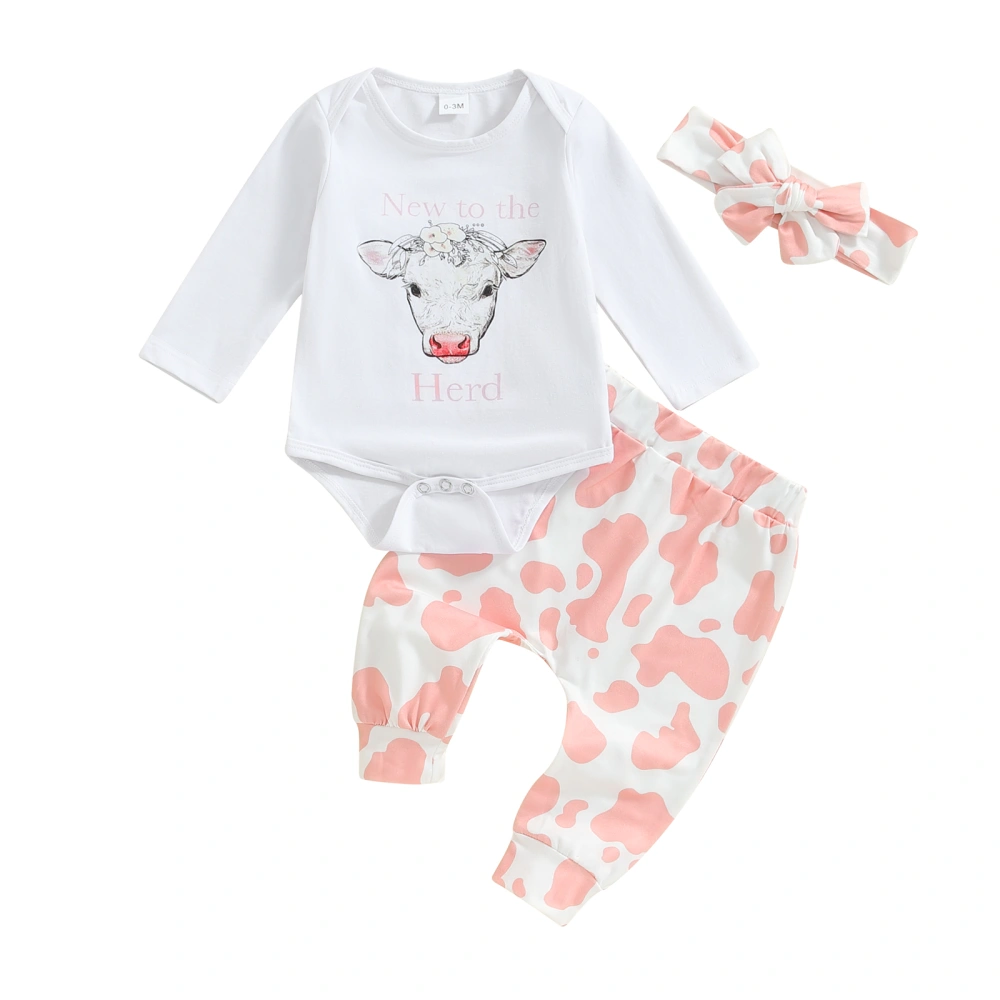 Baby Girls 3Pcs Fall Outfits Cow Print Romper + Pants + Headband 