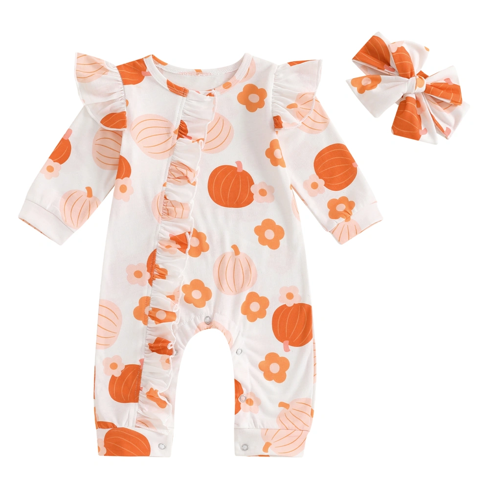 Baby Girls Fall Outfit, Pumpkin Flower Print Jumpsuit with Headband