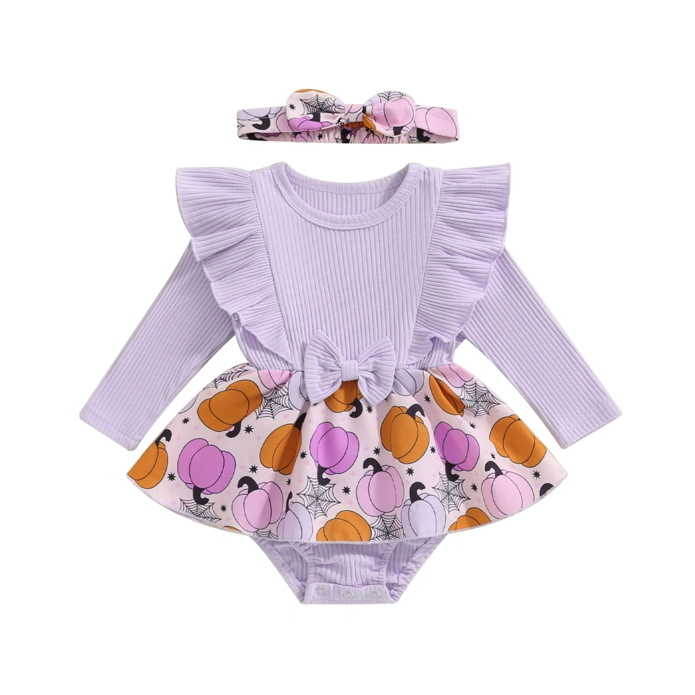 Girls Halloween Romper Long Sleeve Pumpkin/Bat Print Jumpsuit Headband