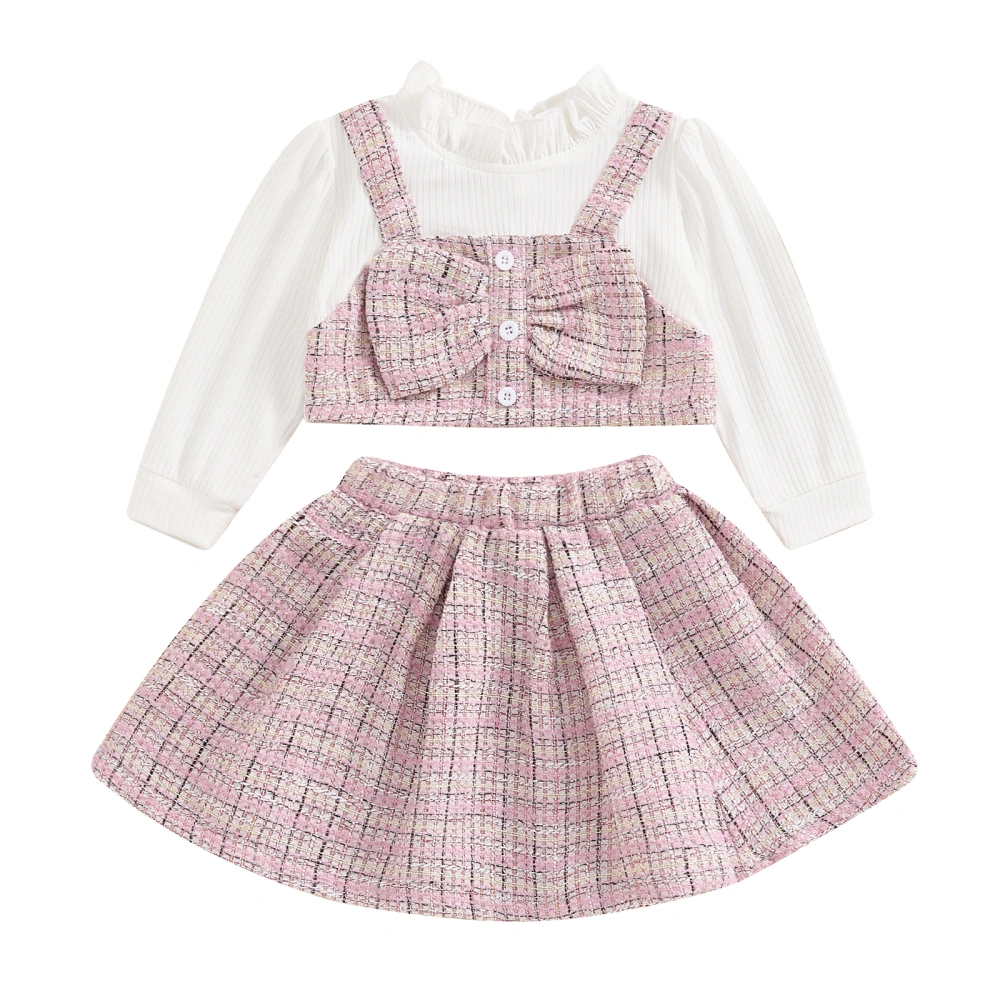 Little Girl Tweed Outfit Plaid Long Sleeve Fake Two-Piece Tops Skirt 