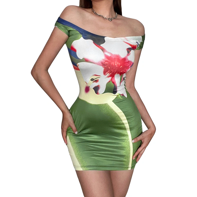 Women Flower Print Bodycon Dress Off Shoulder Short Sleeve Mini Dress 