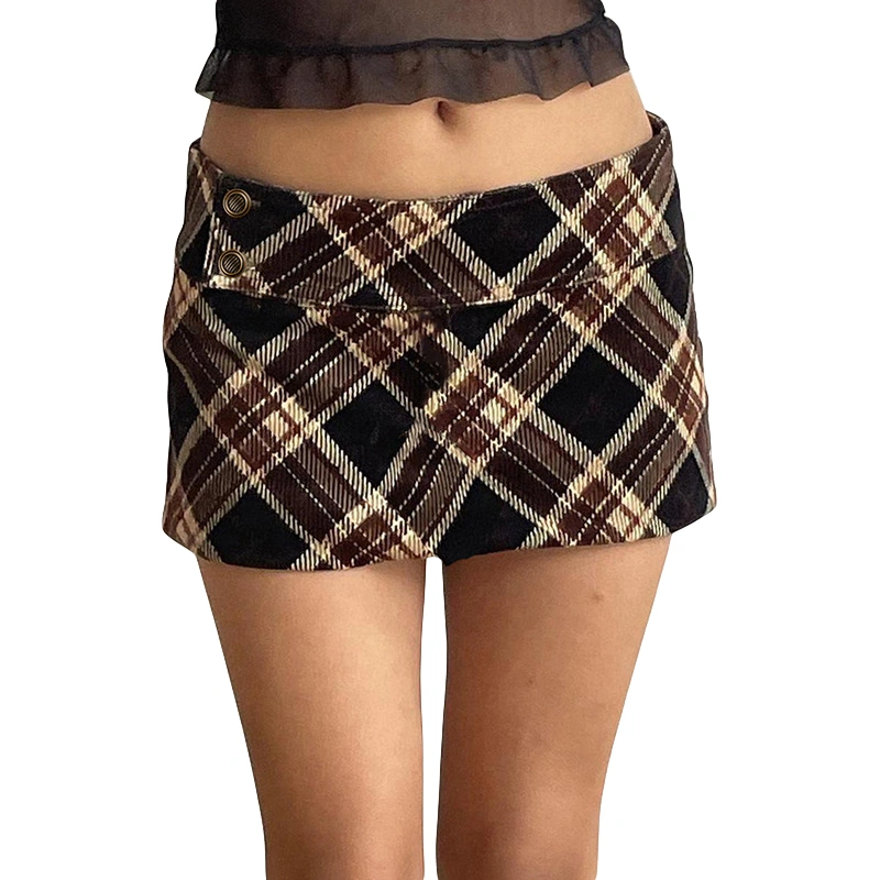 Women Summer Mini Skirt Casual Vintage Plaid Print Low Waist Skirt