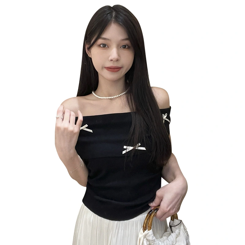 Women Basic Summer T-Shirt Casual Bow Off-Shoulder Short Sleeve Tops