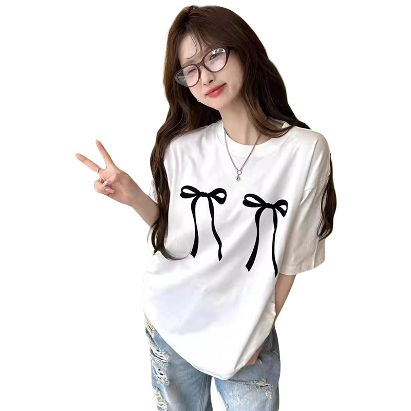 Women's Summer Loose T-Shirt Bow Print Short Sleeve Casual Tops