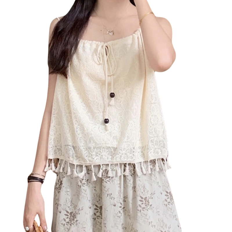 Women Summer Crochet Camisole Casual Cutout Tank Tops with Tassel