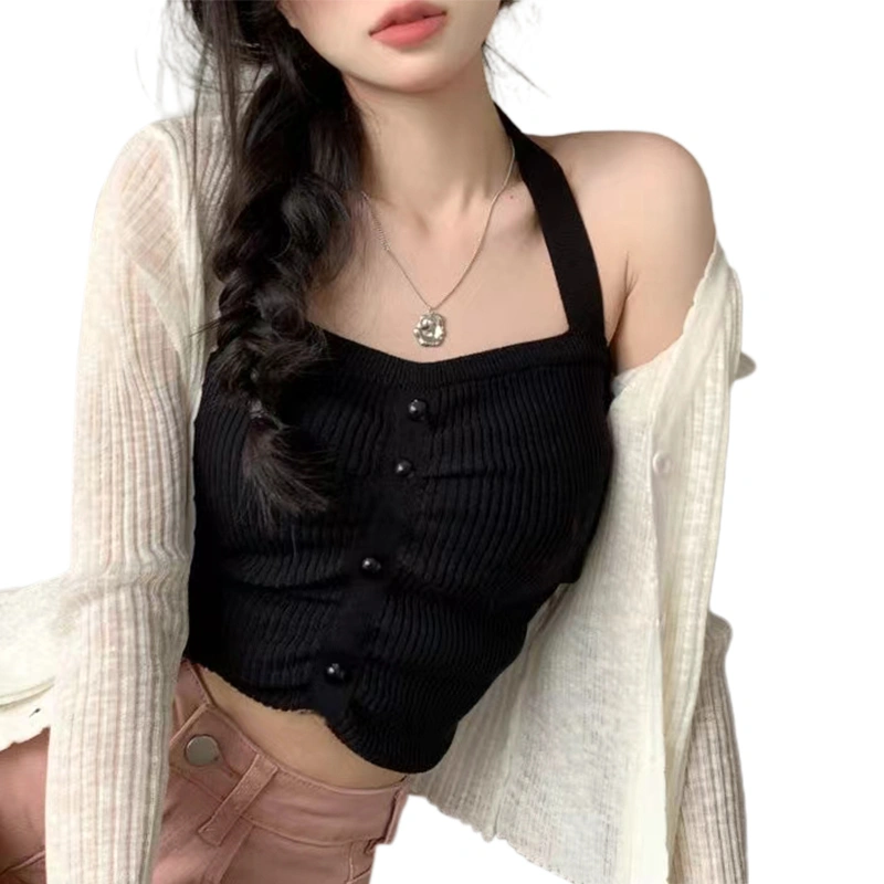 Women Buttons Halter Neck Tops Summer Solid Color Backless Shirts