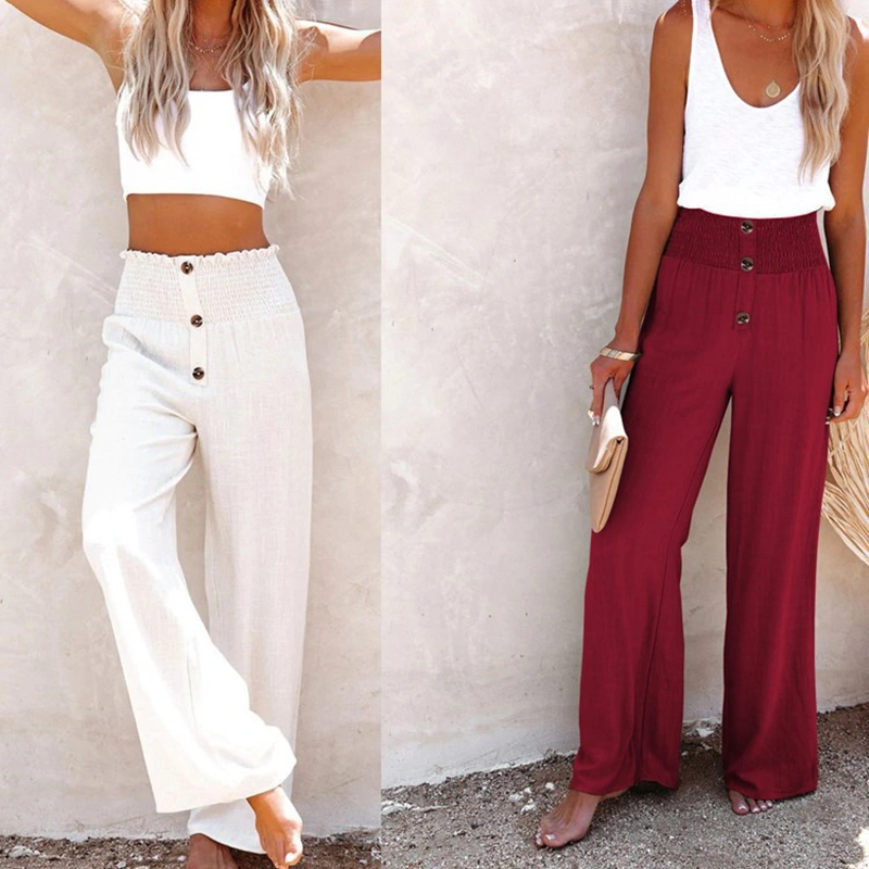 Women Shirred Waist Baggy Pants High Waist Loose Wide Leg Pants