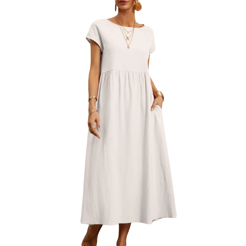 Women's Loose Linen Dress Solid Color Cap Sleeves Long Dress