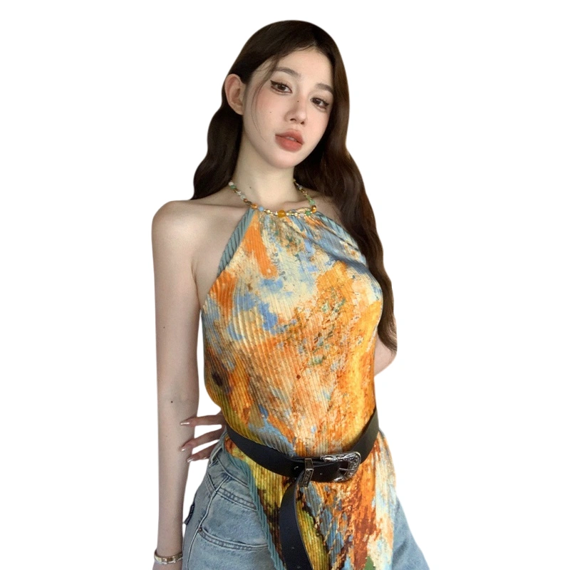 Women Tank Tops Oil Painting Print Halter Neck Casual Vests Streetwear