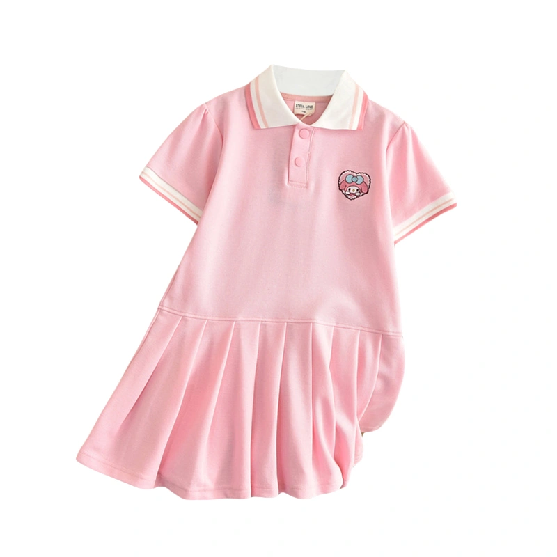 Kids Girls T-Shirt Dress Cartoon Embroidery Short Sleeve Pleated Dress