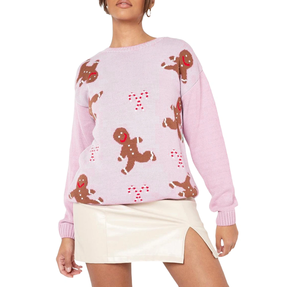 Women's Christmas Sweaters Gingerbread Man Print Long Sleeve Knitwear