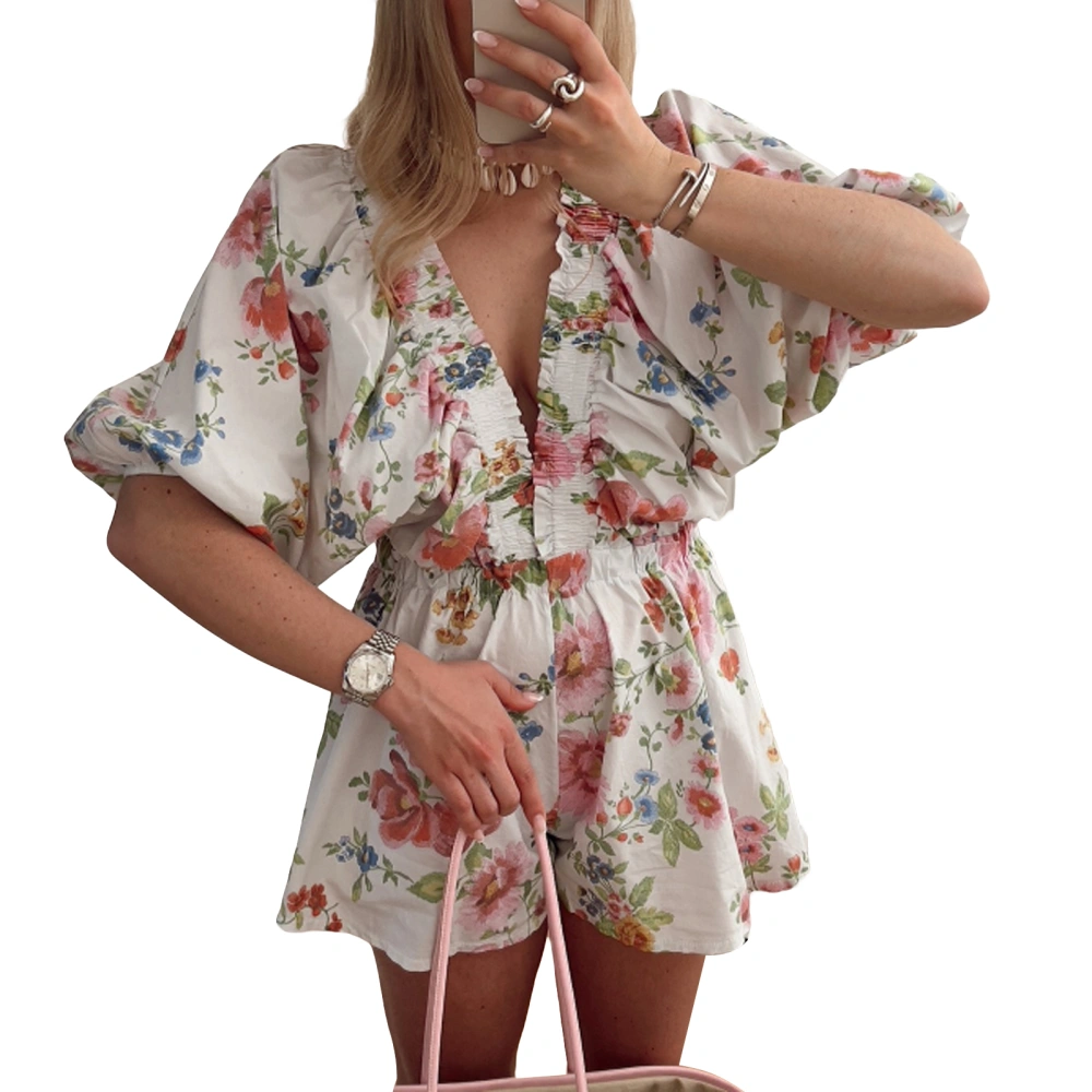 Women Short Boho Jumpsuit Half Sleeve V Neck Floral Print Playsuit