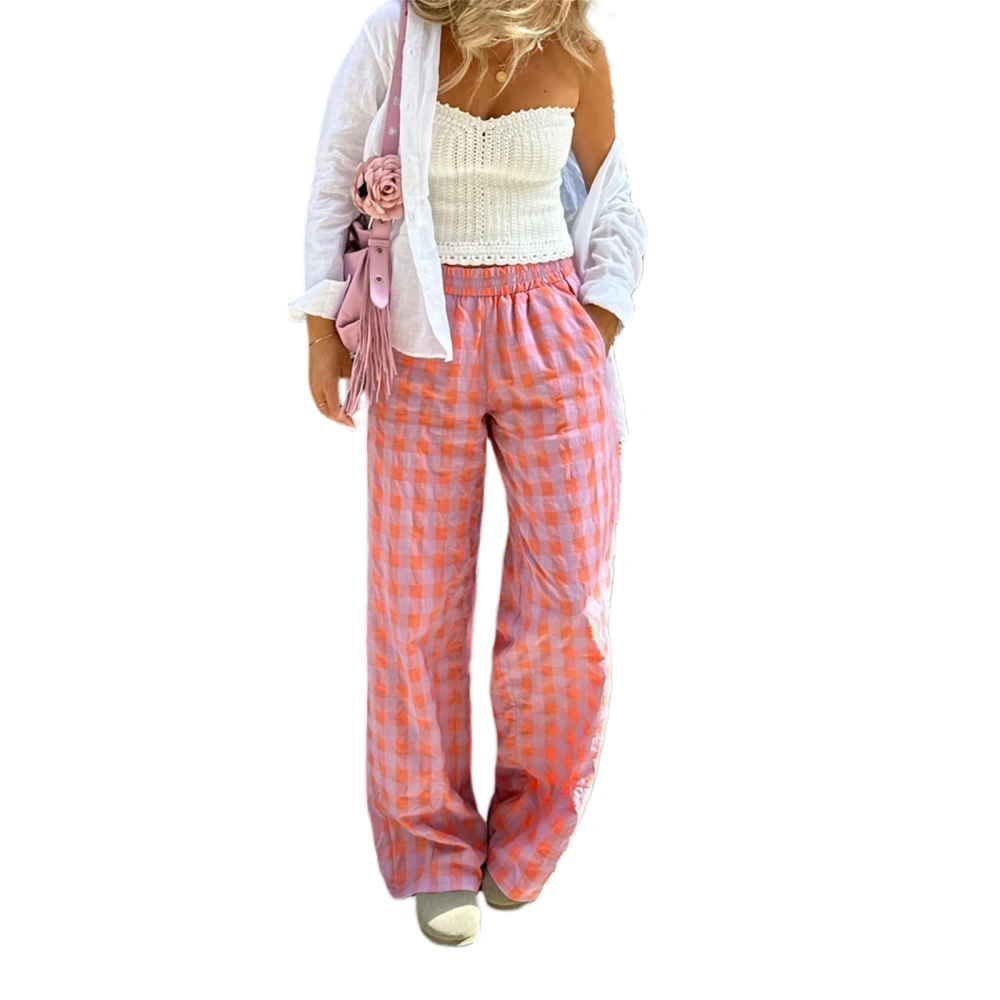 Womens Plaid Print Pants Elastic Waistband Wide Leg Casual Trousers