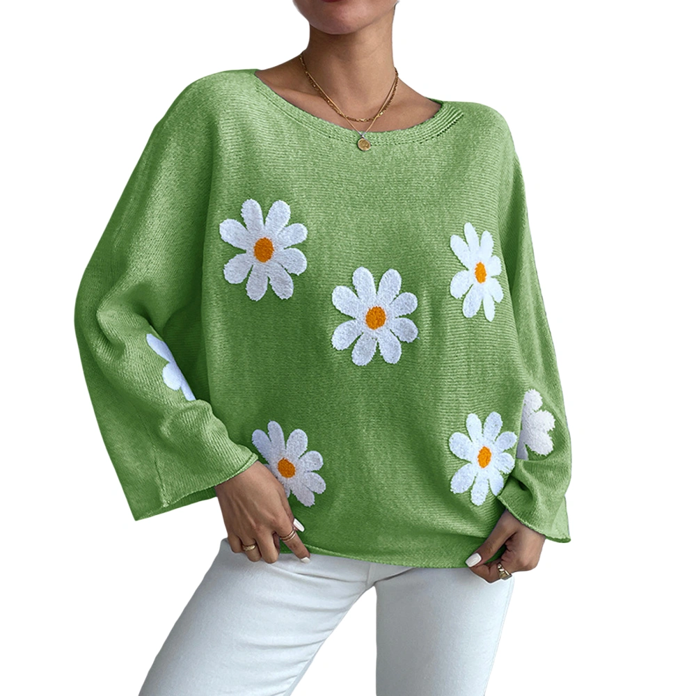 Women Loose Knit Sweater Sweet Flower Embroidered Pullovers Tops