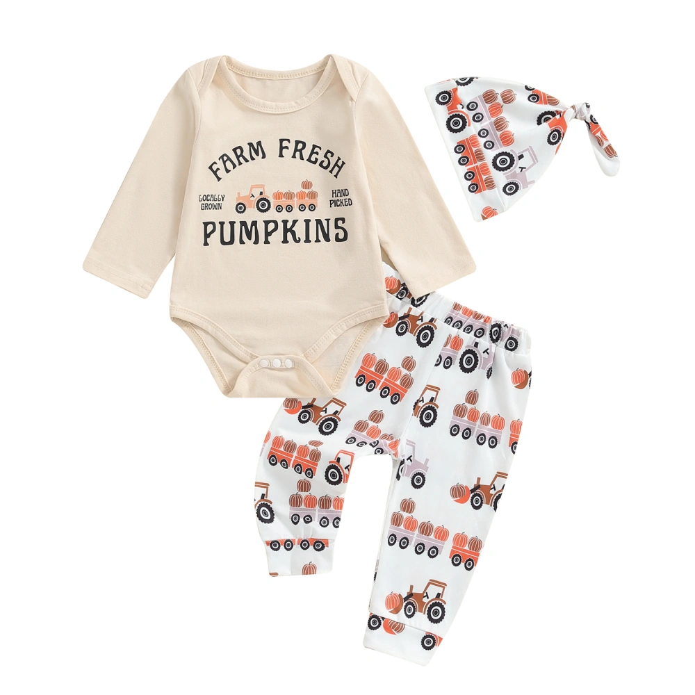 Baby Boys Pants Set, Letters Romper Pumpkin Print Sweatpants Hat