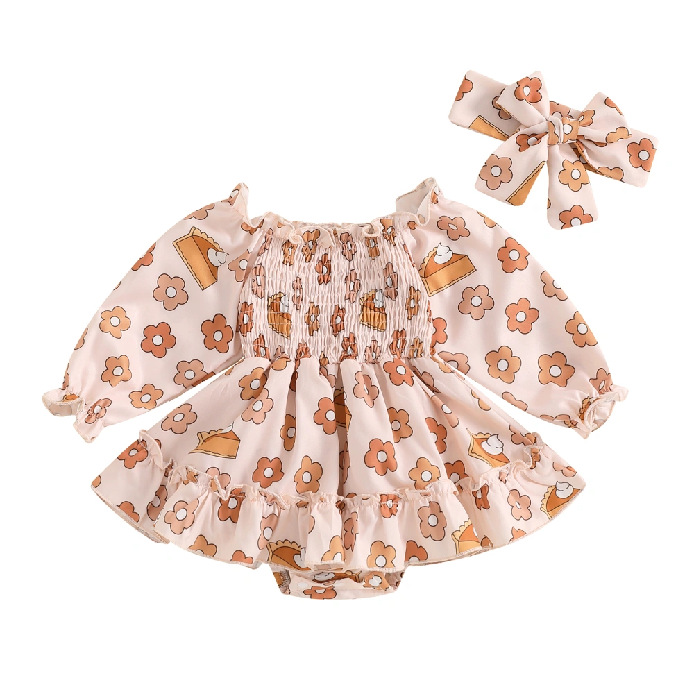 Baby Girls Fashion Outfits Floral Pie Print Romper Dress and Headband