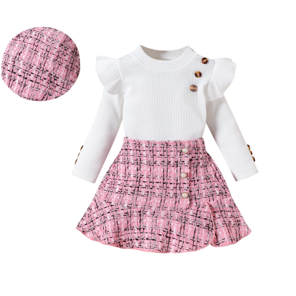 Girls Fall Outfit, Long Sleeve Crew Neck T-shirt with Plaid Skirt Hat