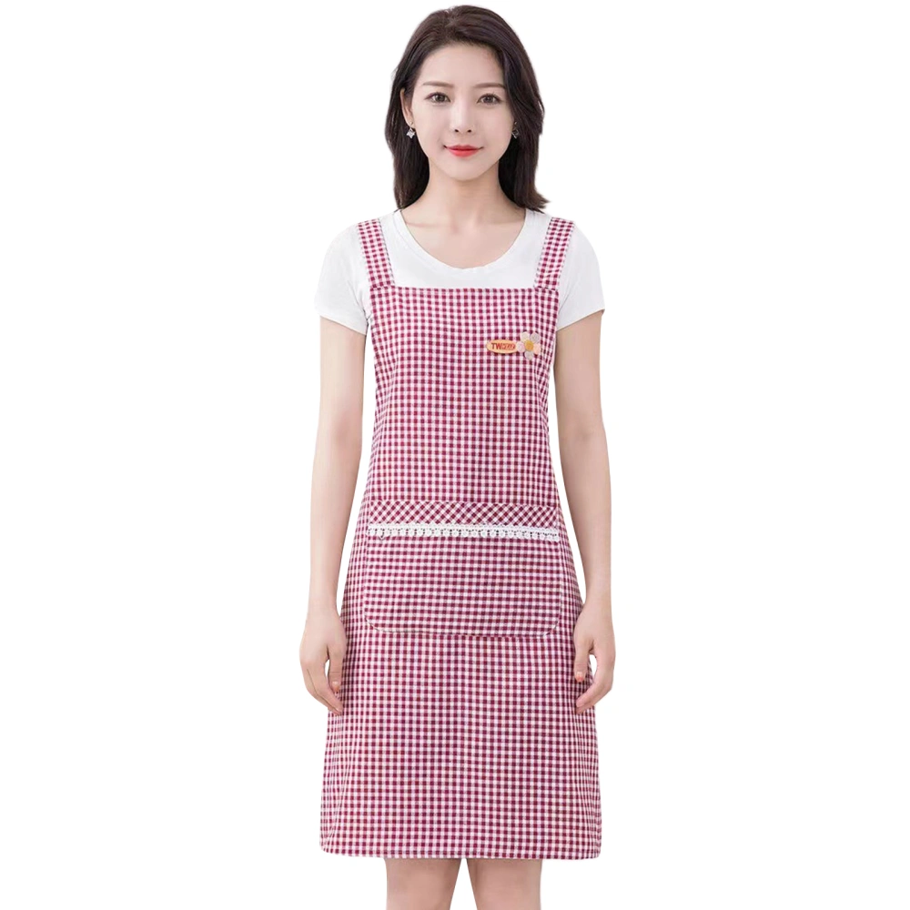 Plaid Kitchen Apron Cotton Linen H Shoulder Straps Aprons with Pocket