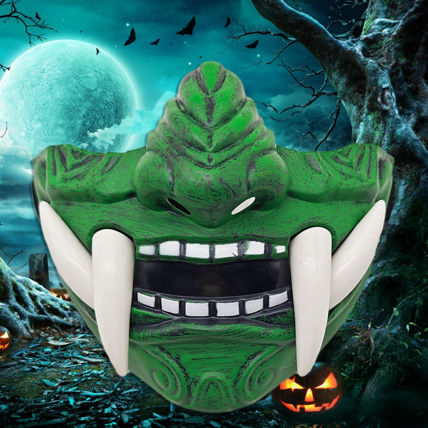Fangs Half Face Halloween Facewear Scary Samurai Demon Facewear 