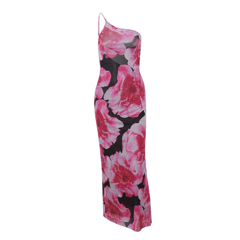 Women's One Shoulder Midi Dress Sleeveless Floral Print Vacation Dress